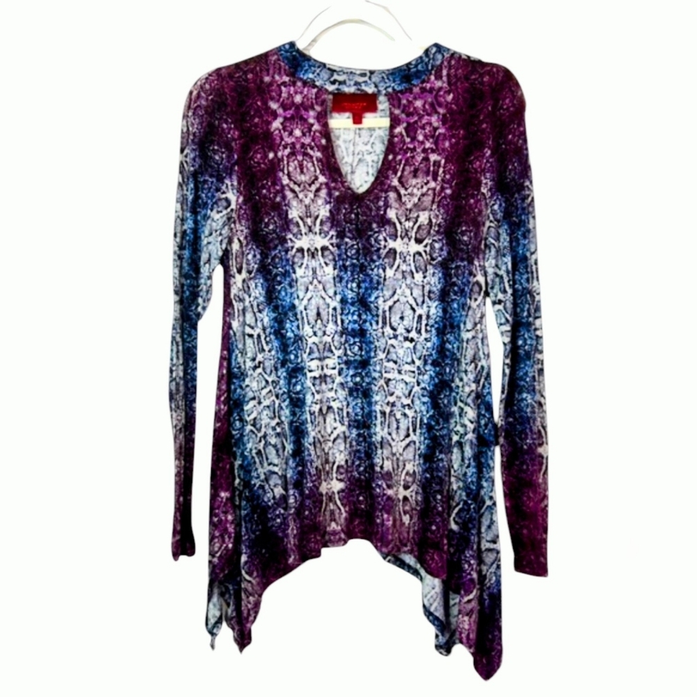Jennifer Lopez Purple and Blue Tunic Top Keyhole Neckline Hints of  Metallic